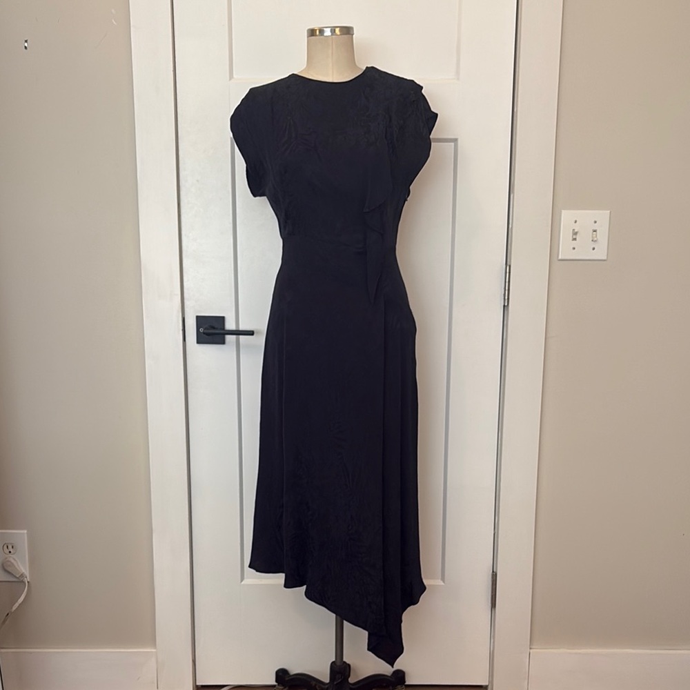 🔴 SOLD 🔴 Jay Godfrey Floral Jacquard High Low Midi Navy Dress